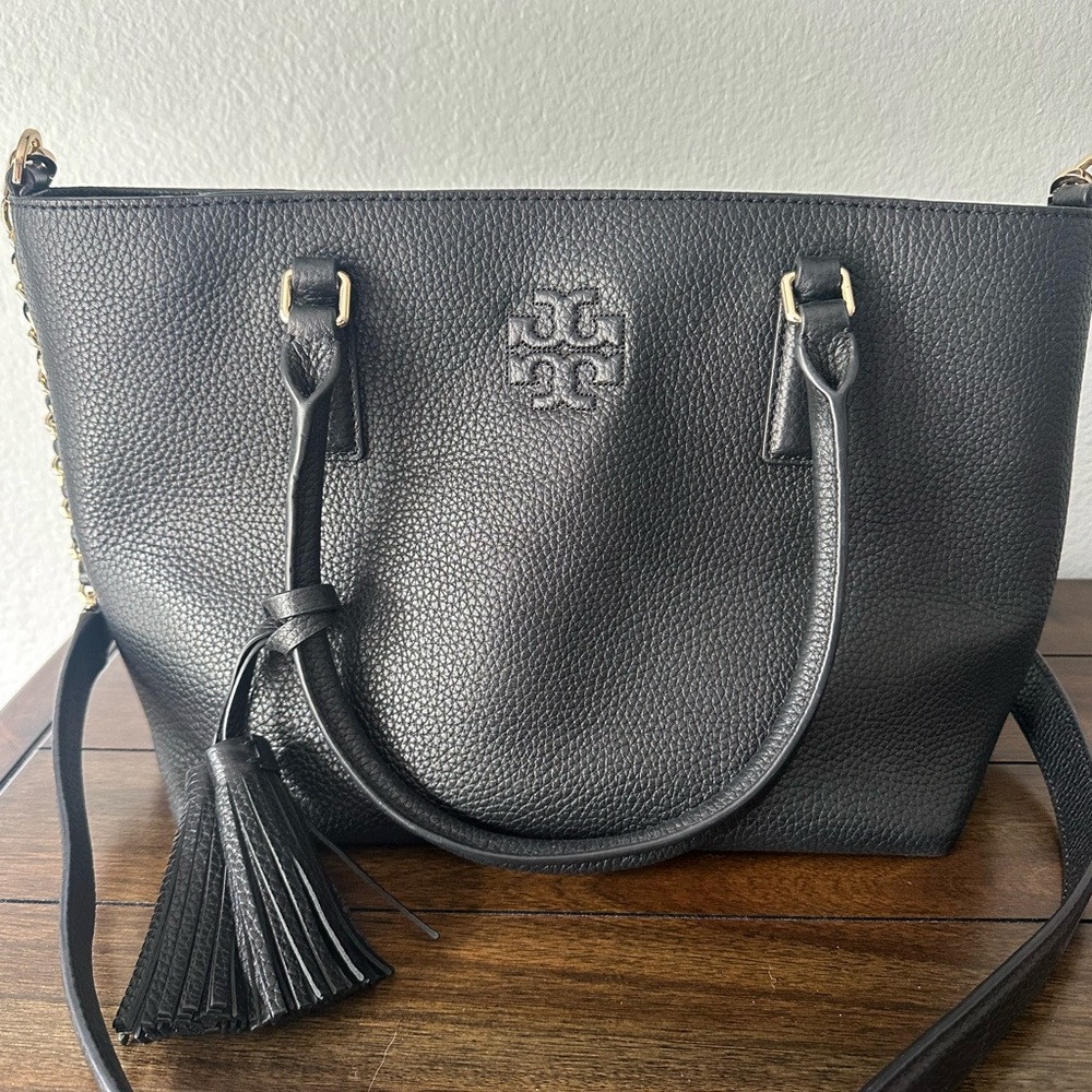 Tory Burch Black Pebbled Leather Tote with Tassel Detail